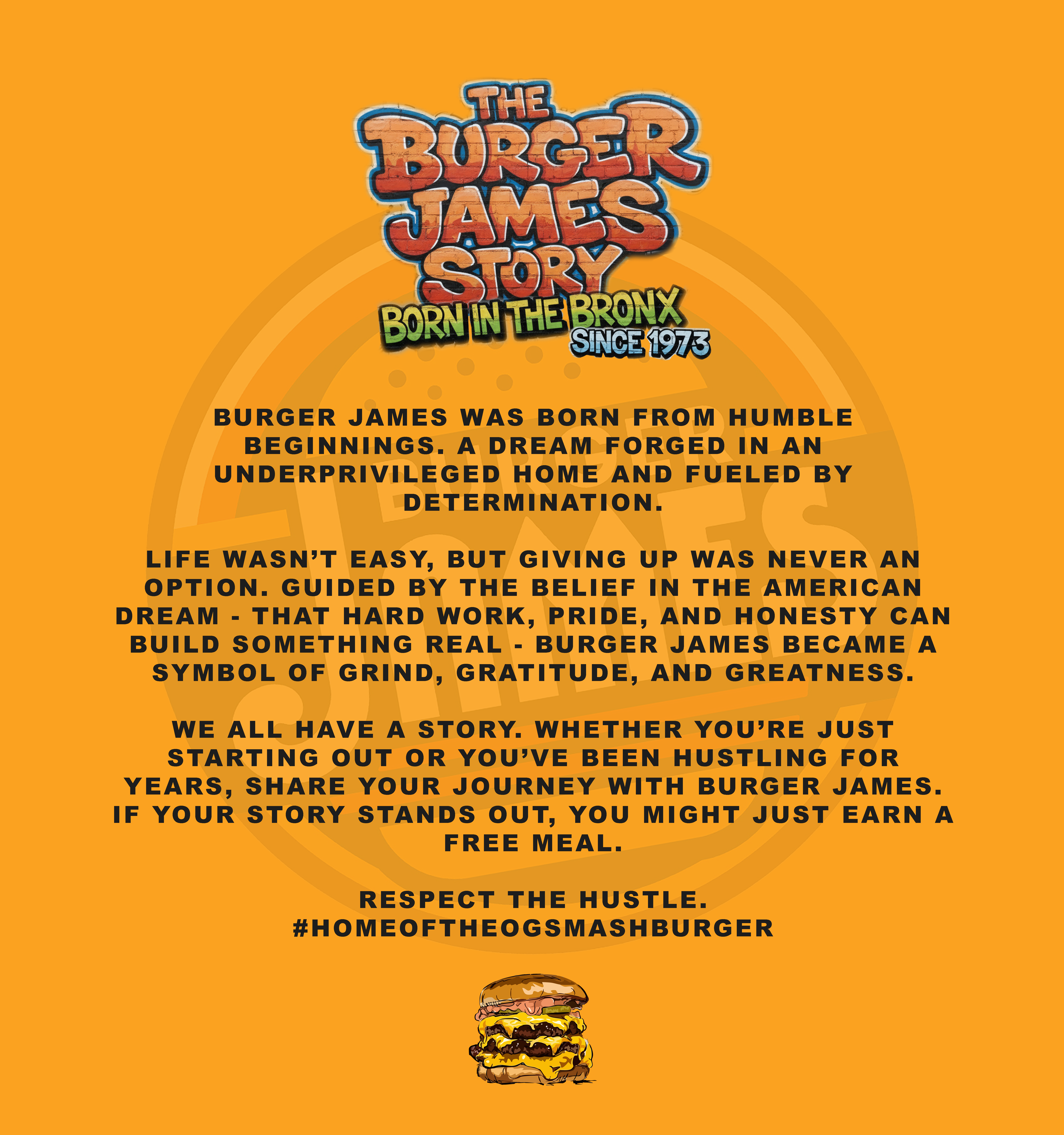 Text graphic titled 'The Burger James Story' with a vibrant orange background, showcasing the brand's history and values, and featuring an illustration of a stacked burger at the bottom.