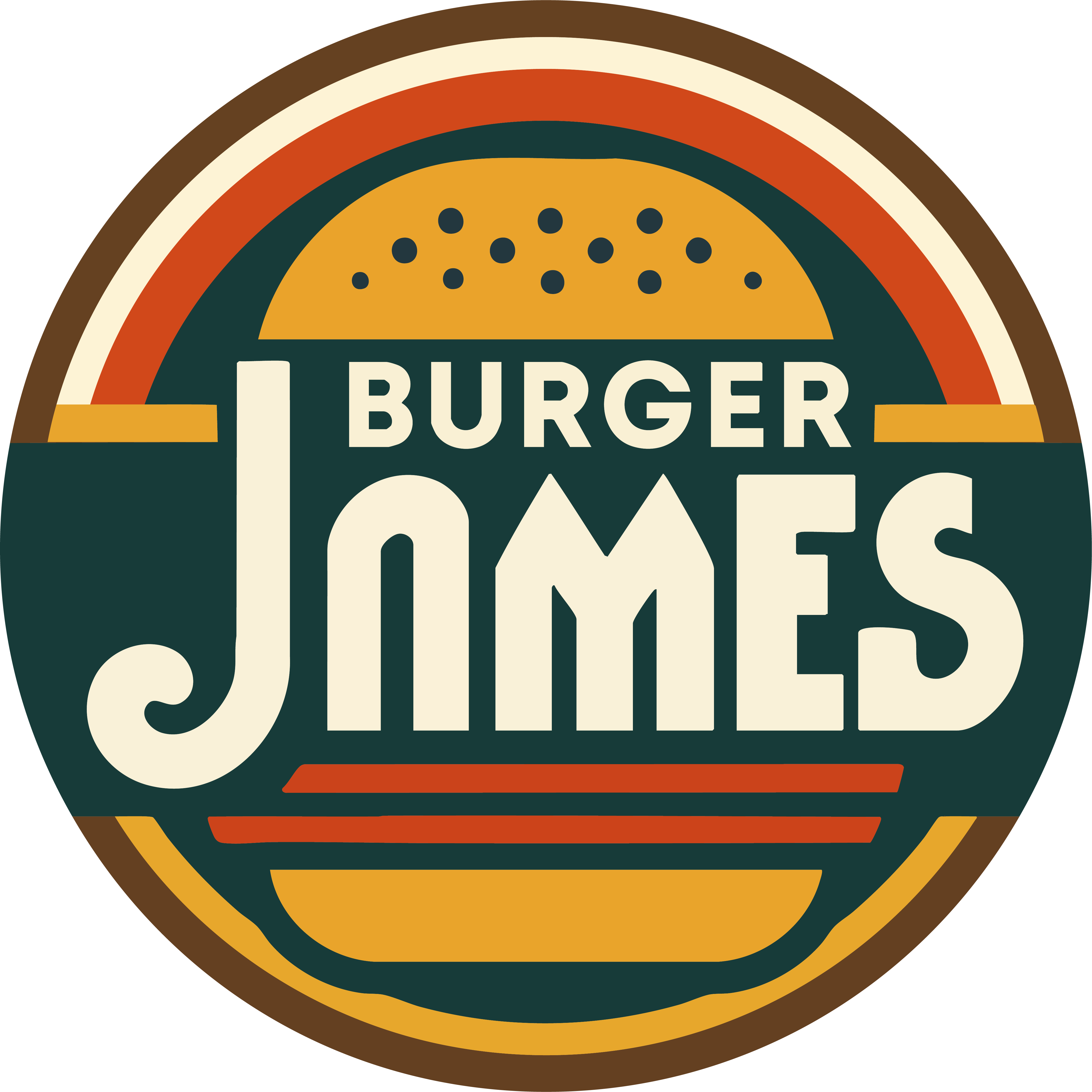 Logo of Burger James featuring a stylized burger and vintage design elements.