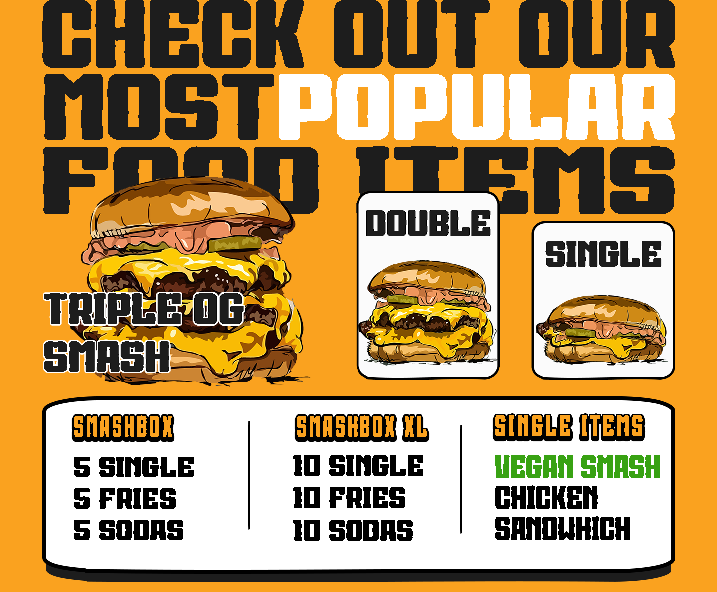 Illustration of a fast food menu featuring three types of cheeseburgers labeled 'TRIPLE OG SMASH,' 'DOUBLE,' and 'SINGLE.' The menu includes options for 'SMASHBOX,' 'SMASHBOX XL,' and 'SINGLE ITEMS' with various quantities of fries and sodas. The background is orange with bold text emphasizing popular items.